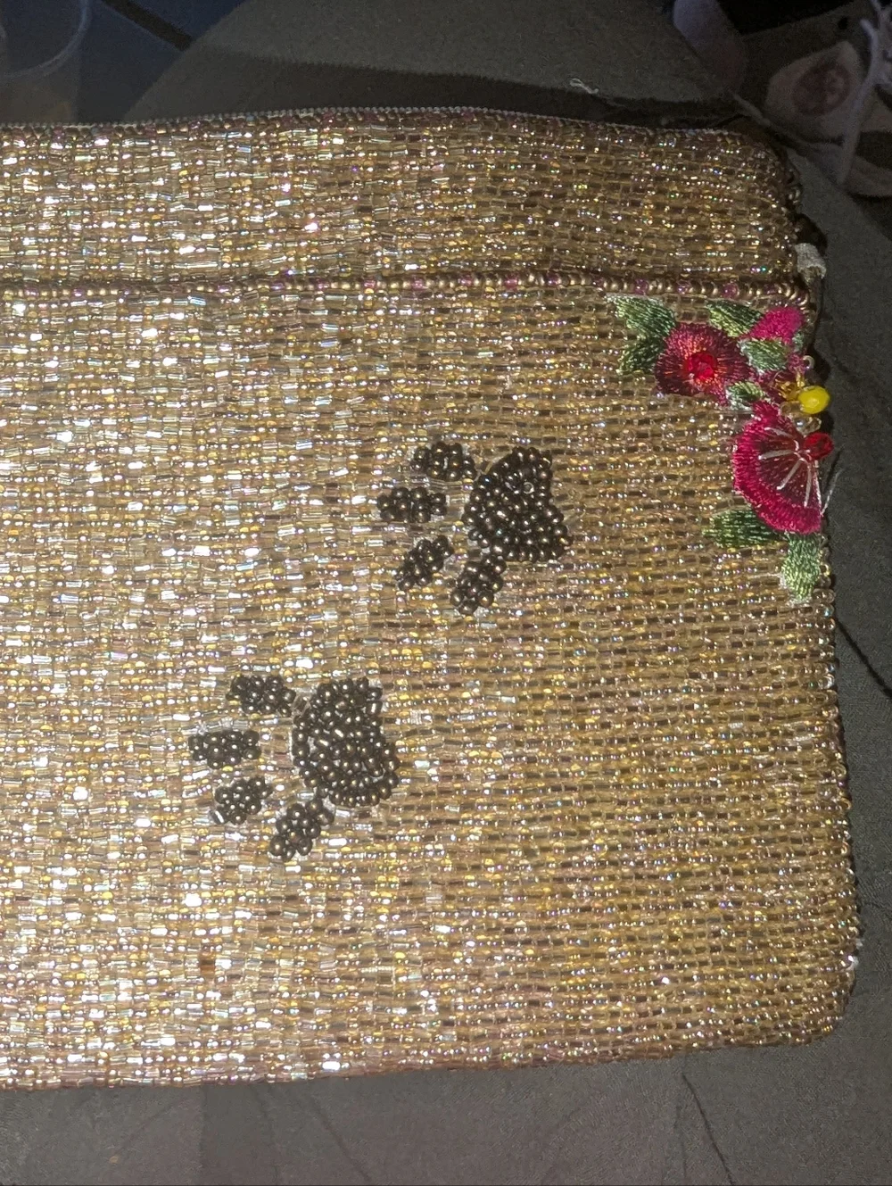 MARY FRANCES Beaded Gold Dachshund Crossbody Clutch with Floral Embroidery - Picture 3 of 3